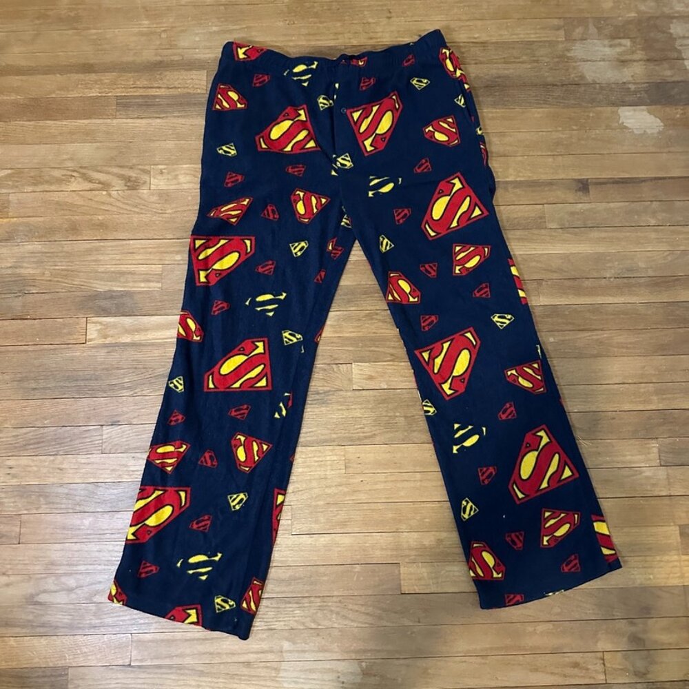 Superman Pajama Bottoms Men's XL Blue Soft Fleece All Over Logo Lounge Pants
